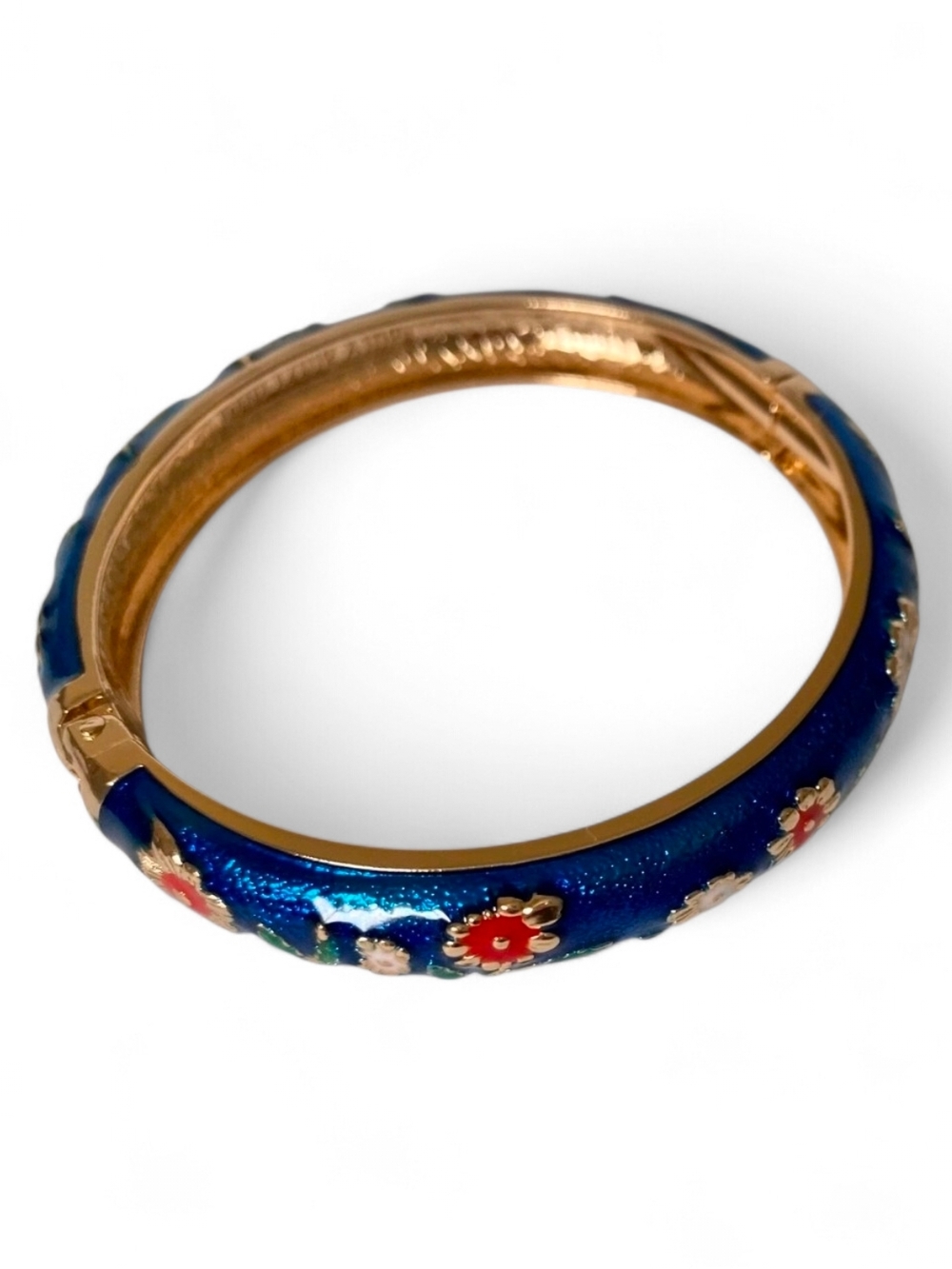 Jiu Long Xing Blue Enamel Floral Bracelet Bangle; Hinged Gold Tone - Picture 3 of 3